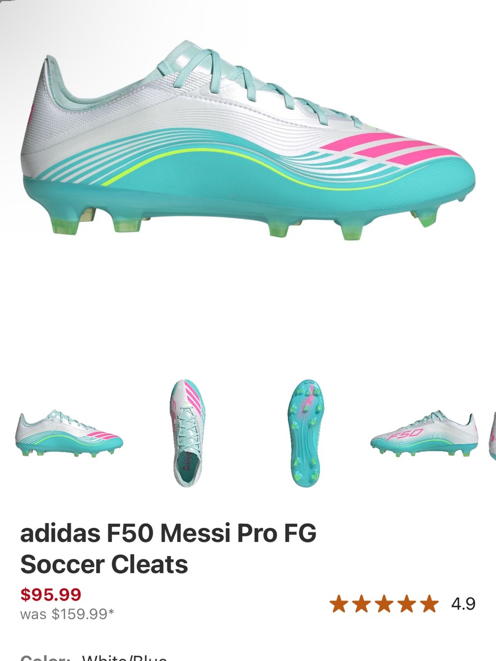 adidas F50 Messi Pro FG Soccer Cleats - White/Teal/Pink